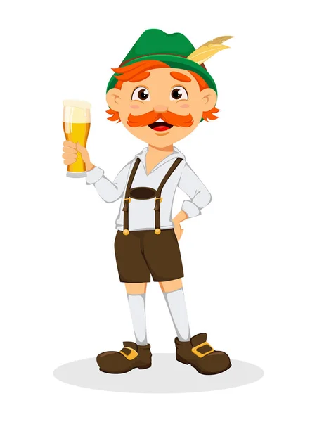 Oktoberfest Beer Festival Funny Redhead Man Cartoon Character Holding Glass — Stock Vector