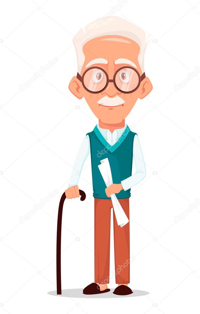Grandfather wearing eyeglasses. Silver haired grandpa. Cartoon character with walking stick. Vector illustration on white background.