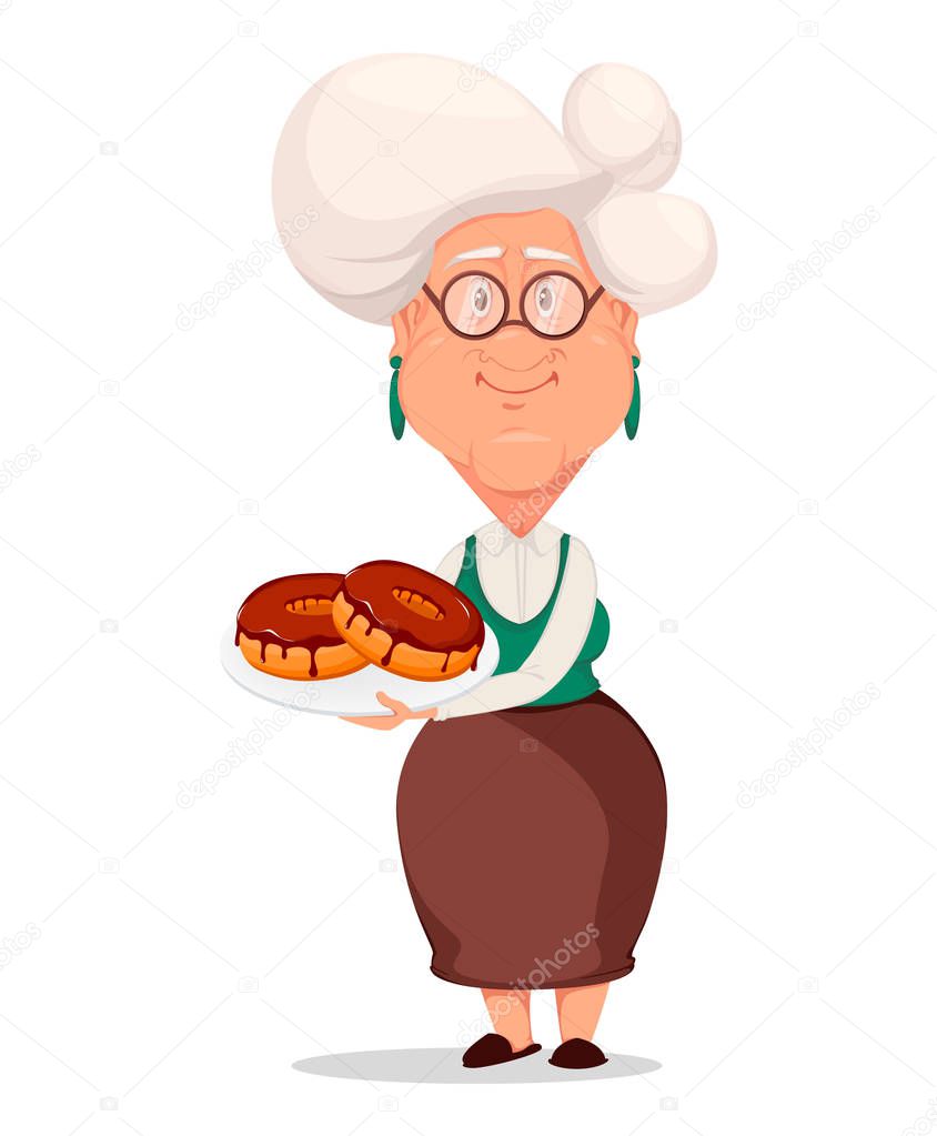 Grandmother wearing eyeglasses. Silver haired grandma. Cartoon character holding plate with donuts. Vector illustration on white background.