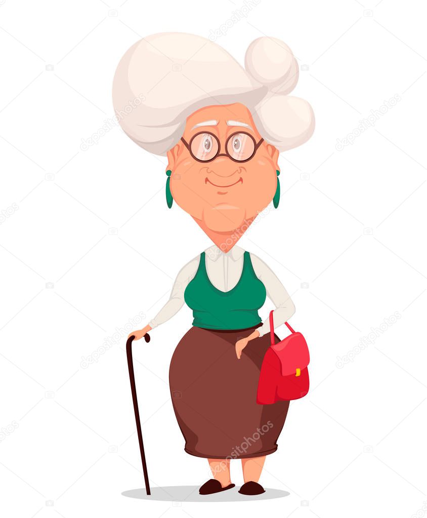 Grandmother wearing eyeglasses. Silver haired grandma. Cartoon character with handbag and walking stick. Vector illustration on white background.