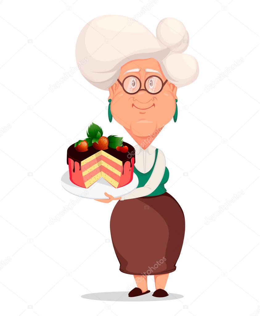 Grandmother wearing eyeglasses. Silver haired grandma. Cartoon character holding plate with tasty cake. Vector illustration on white background.