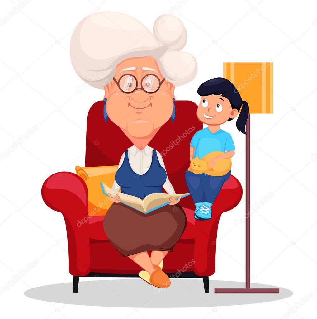 Grandmother wearing eyeglasses. Silver haired grandma sitting in armchair and reading a book to her granddaughter. Cartoon character. Vector illustration on white background.