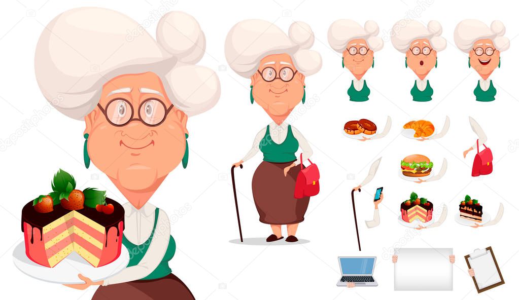 Grandmother wearing eyeglasses. Silver haired grandma, pack of body parts, emotions and things. Build your personal design of cartoon character. Vector illustration 