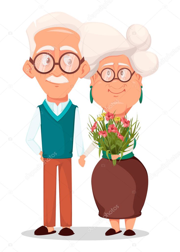 Grandmother and grandfather together. Silver haired grandma and grandpa. Cartoon characters. Vector illustration on white background