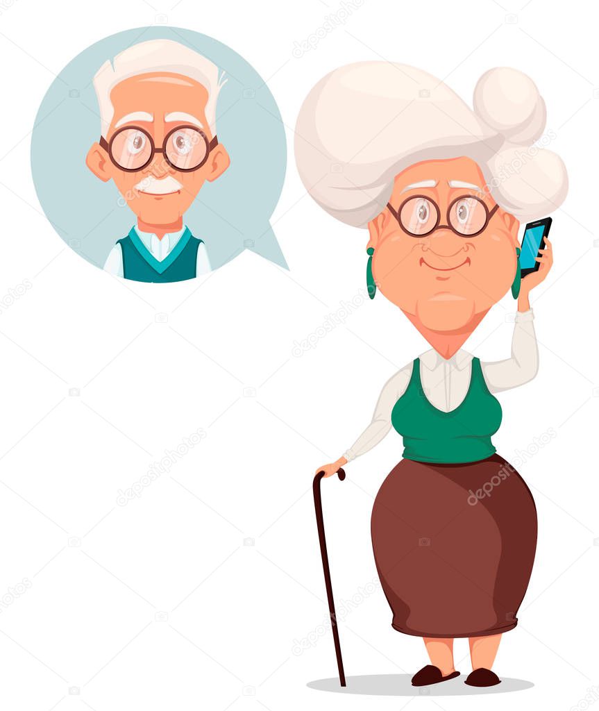 Grandparents day greeting card. Grandmother calling to grandfather. Silver haired grandma and grandpa. Pretty cartoon characters. Vector illustration on white background