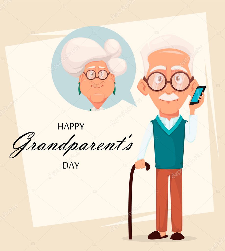 Grandparents day greeting card. Grandfather calling to grandmother. Silver haired grandma and grandpa. Pretty cartoon characters. Vector illustration