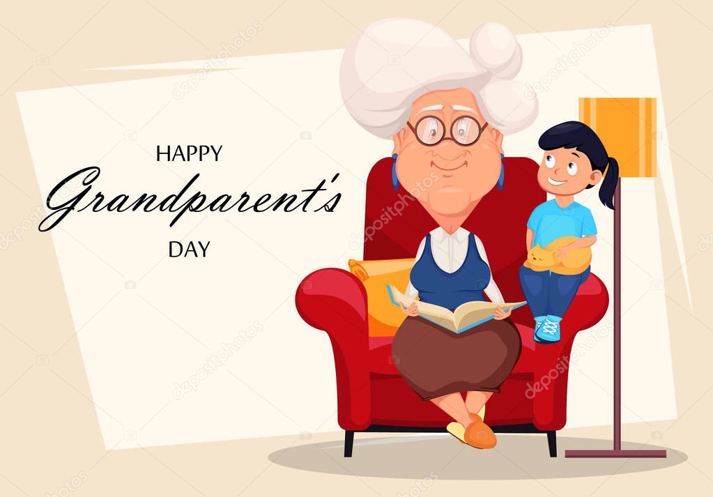 Happy grandparents day greeting card. Silver haired grandma sitting in armchair and reading a book to her granddaughter. Cartoon character. Vector illustration 