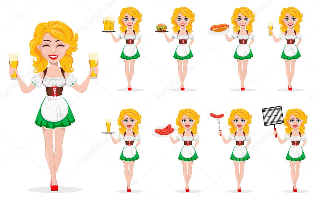 Oktoberfest, beer festival. Sexy redhead girl, cartoon character, set of nine poses. Vector illustration