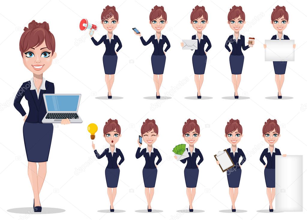Businesswoman cartoon character. Beautiful business woman in office style clothes, set of eleven poses. Vector illustration on white background