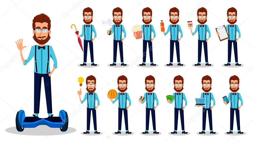 Young bearded hipster man in glasses. Handsome cartoon character, set of thirteen poses. Vector illustration on white background.