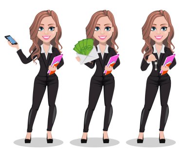 Bir emlakçı karikatür karakter kümesi üç teşkil etmektedir. Smartphone holding, para tutan ve tuşunu basılı tutarak güzel emlakçı kadın. Sevimli bir iş kadını. Vektör çizim