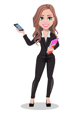 Bir emlakçı çizgi film karakteri. Güzel emlakçı kadın holding smartphone. Sevimli bir iş kadını. Vektör çizim