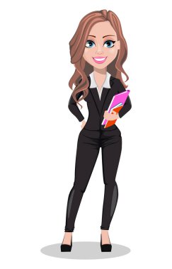 Bir emlakçı çizgi film karakteri. Güzel emlakçı kadın tutma belgeler. Sevimli bir iş kadını. Vektör çizim