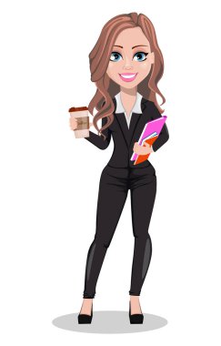 Bir emlakçı çizgi film karakteri. Kahve ve belgeleri tutan güzel emlakçı kadın. Sevimli bir iş kadını. Vektör çizim