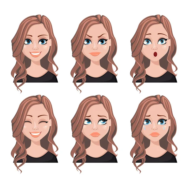 Expresiones Faciales Mujer Agente Inmobiliario Con Cabello Castaño Diferentes Emociones — Vector de stock