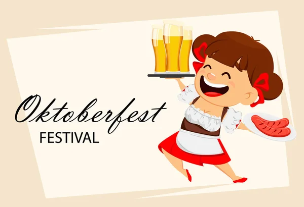 Ευχετήρια Κάρτα Για Φεστιβάλ Μπύρας Oktoberfest Αστείο Γυναίκα Χαρούμενα Κινούμενα — Διανυσματικό Αρχείο
