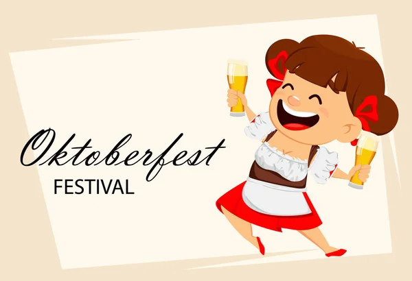 Ευχετήρια Κάρτα Για Φεστιβάλ Μπύρας Oktoberfest Αστείο Γυναίκα Χαρούμενα Κινούμενα — Διανυσματικό Αρχείο