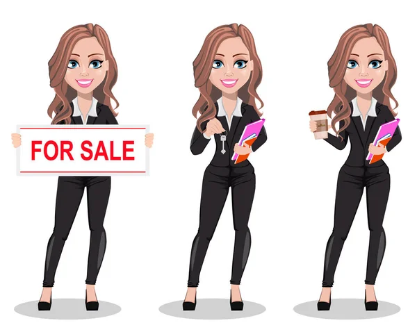 Real Estate Agent Cartoon Character Set Three Poses Beautiful Realtor — Stock Vector