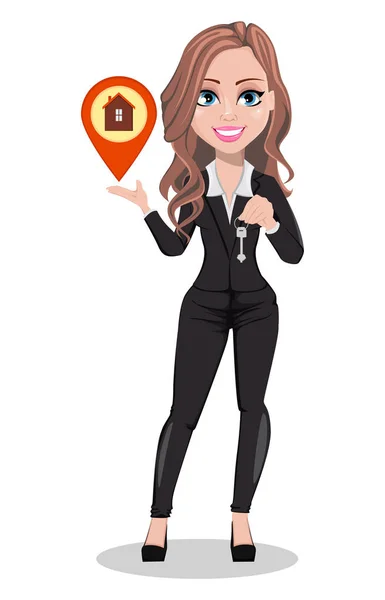 Eine Zeichentrickfigur Des Immobilienmaklers Schöne Immobilienmaklerin Mit Schlüssel Nette Geschäftsfrau — Stockvektor
