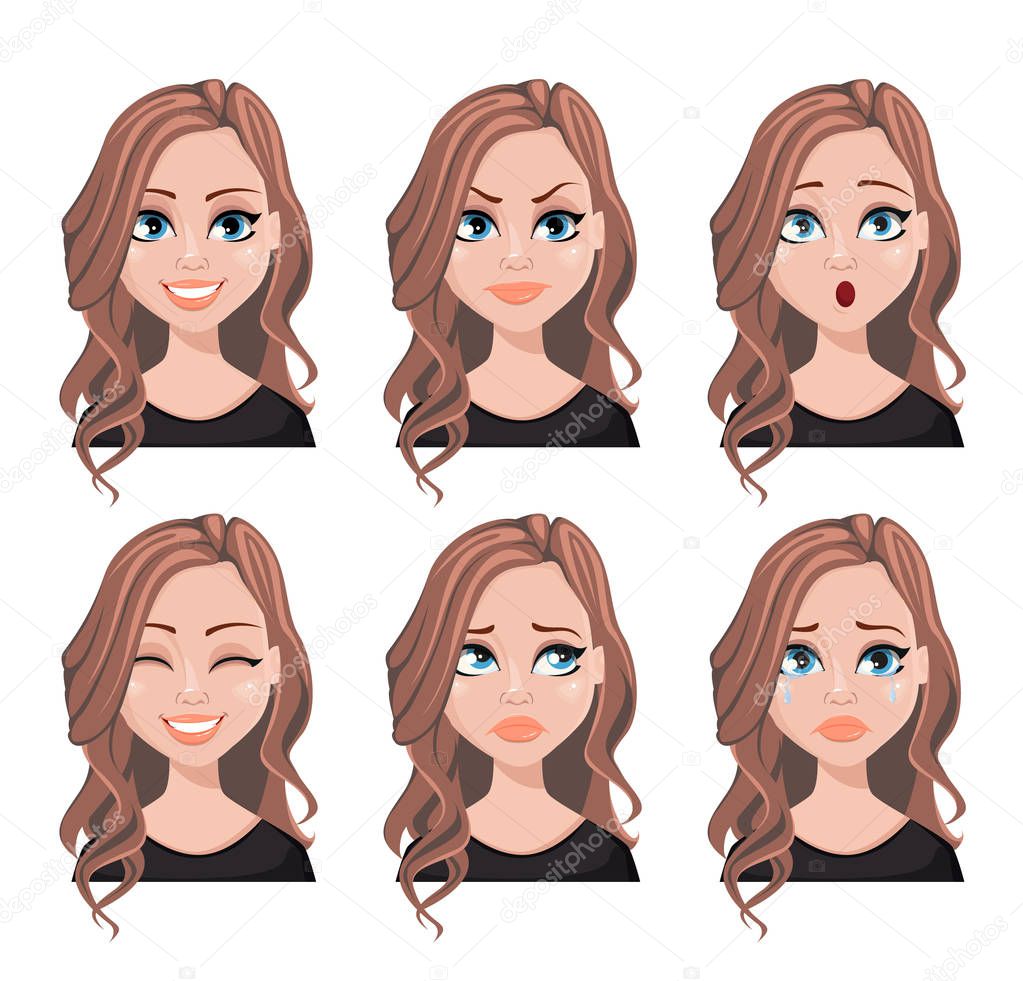 Face expressions of realtor woman with brown hair. Different female emotions set. Beautiful cartoon character. Vector illustration isolated on white background.