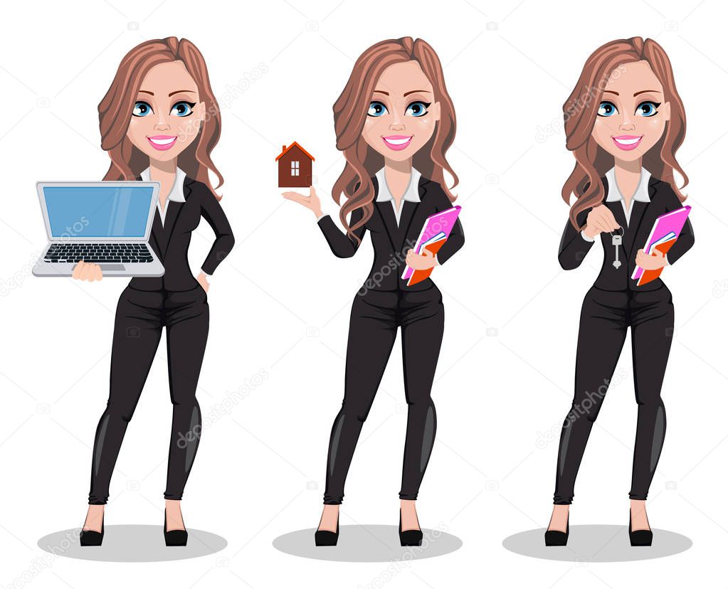 A real estate agent cartoon character, set of three poses. Beautiful realtor woman holding laptop, holding model of house and holding documents with keys. Cute business woman. Vector illustration. 