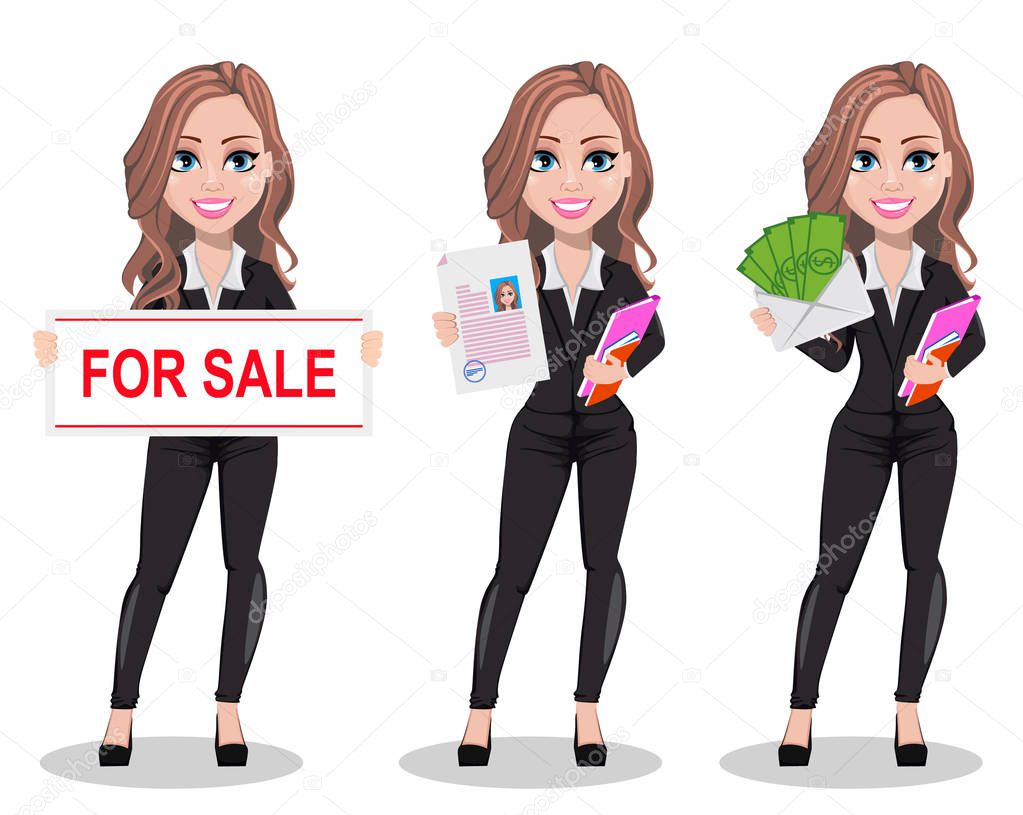 A real estate agent cartoon character, set of three poses. Beautiful realtor woman holding banner for sale, holding document and holding money. Cute business woman. Vector illustration