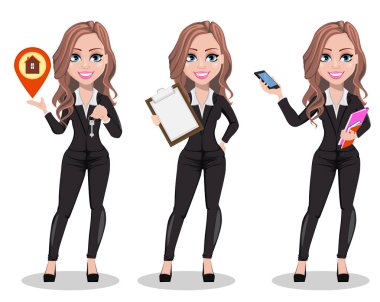 Bir emlakçı karikatür karakter kümesi üç teşkil etmektedir. Anahtar, holding Pano ve holding smartphone tutan güzel emlakçı kadın. Sevimli bir iş kadını. Vektör çizim