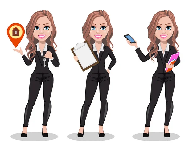 Bir emlakçı karikatür karakter kümesi üç teşkil etmektedir. Anahtar, holding Pano ve holding smartphone tutan güzel emlakçı kadın. Sevimli bir iş kadını. Vektör çizim