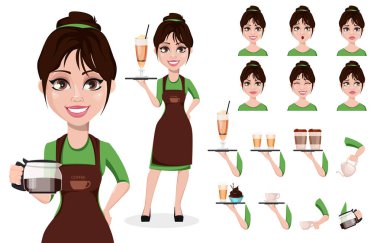 Young beautiful female barista in professional uniform. Cute cartoon character, pack of body parts, emotions and things. Build your personal design. Vector illustration on white background. clipart