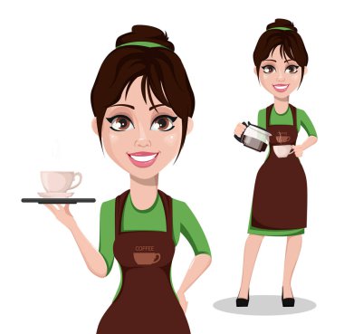 Young beautiful female barista in professional uniform, set of two poses. Cute cartoon character holding tray with coffee and pouring coffee. Vector illustration. clipart