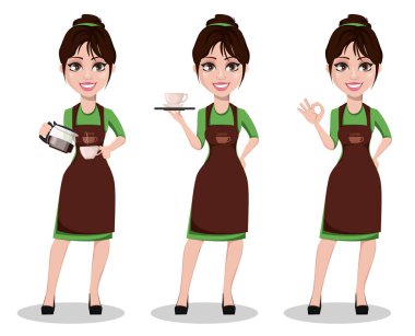 Young beautiful female barista in professional uniform, set of three poses. Cute cartoon character pouring coffee, holding tray with coffee and showing ok sign. Vector illustration. clipart