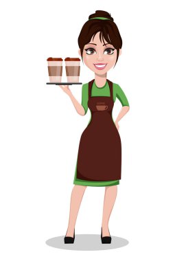 Profesyonel üniformalı genç güzel kadın barista. Sevimli çizgi karakter holding tepsi ile iki fincan kahve. Vektör çizim.