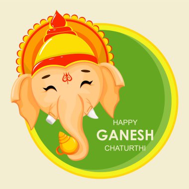 Geleneksel Hint Festivali için mutlu Ganesh Chaturthi tebrik kartı. Lord Ganesha çehresini karikatür tarzı. Vektör çizim daireler ile arka plan üzerinde.