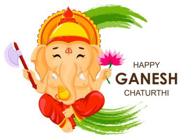 Geleneksel Hint Festivali için mutlu Ganesh Chaturthi tebrik kartı. Oturma Lord Ganesha çiçek ve balta, karikatür tarzı. Vektör çizim.