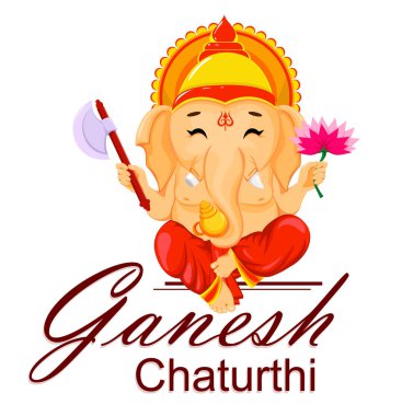 Geleneksel Hint Festivali için mutlu Ganesh Chaturthi tebrik kartı. Oturma Lord Ganesha çiçek ve balta, karikatür tarzı. Beyaz arka plan üzerinde vektör çizim.