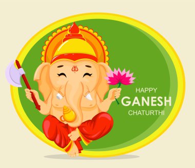 Geleneksel Hint Festivali için mutlu Ganesh Chaturthi tebrik kartı. Oturma Lord Ganesha çiçek ve balta, karikatür tarzı. Vektör çizim arka plan üzerinde.