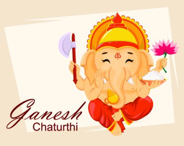 Mutlu Ganesh Chaturthi, geleneksel Hint Festivali. Oturma Lord Ganesha elinde balta ve çiçek, karikatür tarzı. Vektör çizim arka plan üzerinde.
