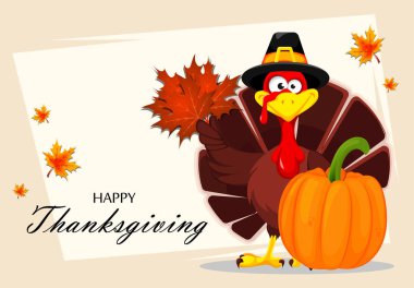 Mutlu Şükran günü, tebrik kartı, poster ya da tatil için el ilanı. Şükran günü hindisi akçaağaç tutan bırakır. Vektör çizim ışık arka plan üzerinde