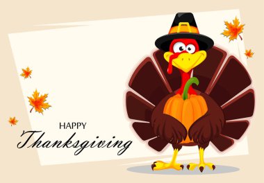 Mutlu Şükran günü, tebrik kartı, poster ya da tatil için el ilanı. Şükran günü hindisi kabak her iki kanatlı tutarak. Vektör çizim ışık arka plan üzerinde