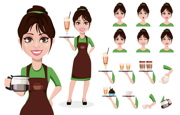 Young beautiful female barista in professional uniform. Cute cartoon character, pack of body parts, emotions and things. Build your personal design. Vector illustration on white background.