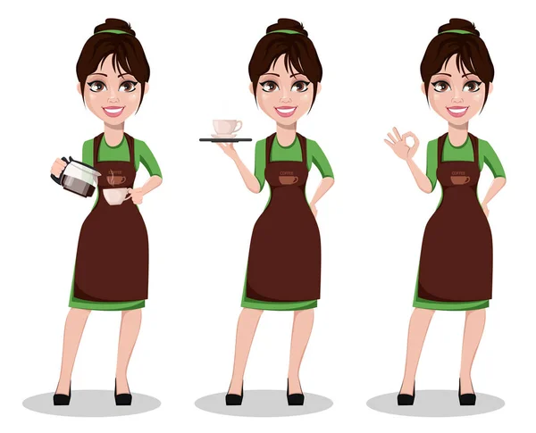 Joven Hermosa Barista Femenina Uniforme Profesional Conjunto Tres Poses Lindo — Archivo Imágenes Vectoriales