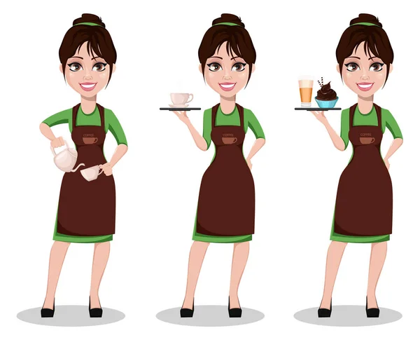 Fiatal Gyönyörű Női Barista Szakmai Egységes Készlete Három Jelent Aranyos — Stock Vector