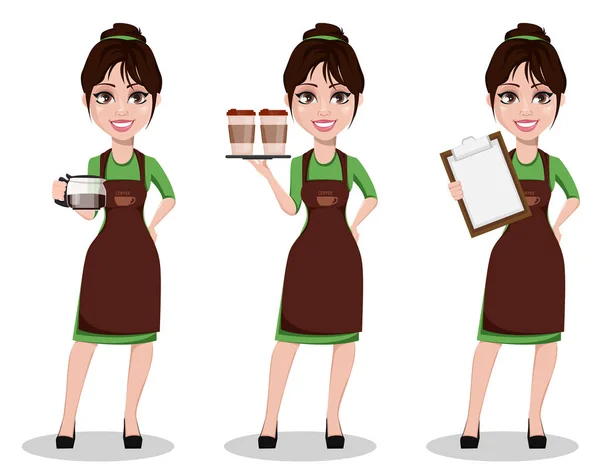 Fiatal Gyönyörű Női Barista Szakmai Egységes Készlete Három Jelent Aranyos — Stock Vector