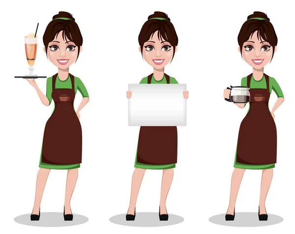 Jeune Belle Femme Barista Uniforme Professionnel Ensemble Trois Poses Mignon — Image vectorielle