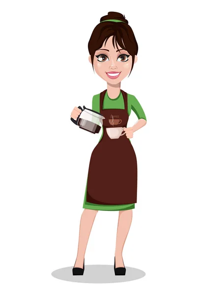 Jeune Belle Femme Barista Uniforme Professionnel Mignon Personnage Dessin Animé — Image vectorielle