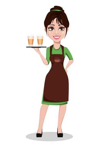 Jovem Bela Barista Feminina Uniforme Profissional Personagem Desenho Animado Bonito — Vetor de Stock