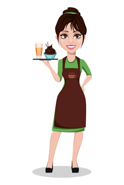 年轻漂亮的女咖啡师在专业制服 可爱的卡通人物手持托盘与咖啡卡布奇诺和蛋糕 矢量插图 — 图库矢量图片