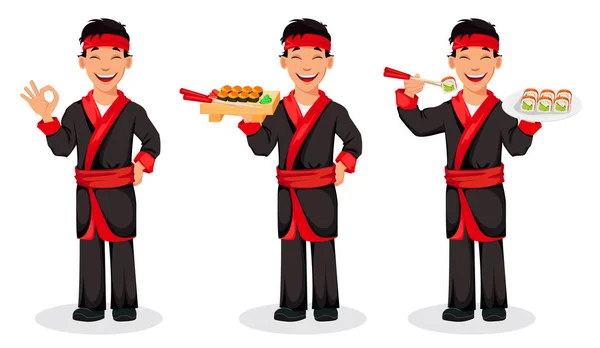 Chef Japonês Cozinhar Rolos Sushi Conjunto Três Poses Personagem Desenho — Vetor de Stock