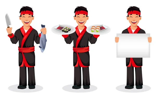 Chef Japonés Cocinando Rollos Sushi Conjunto Tres Poses Guapo Personaje — Vector de stock