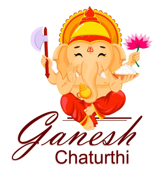 インドの伝統的な祭りの幸せガネーシュフェスティバル グリーティング カード つの手に座っている主ガネーシャ 白の背景にベクトル画像 — ストックベクタ